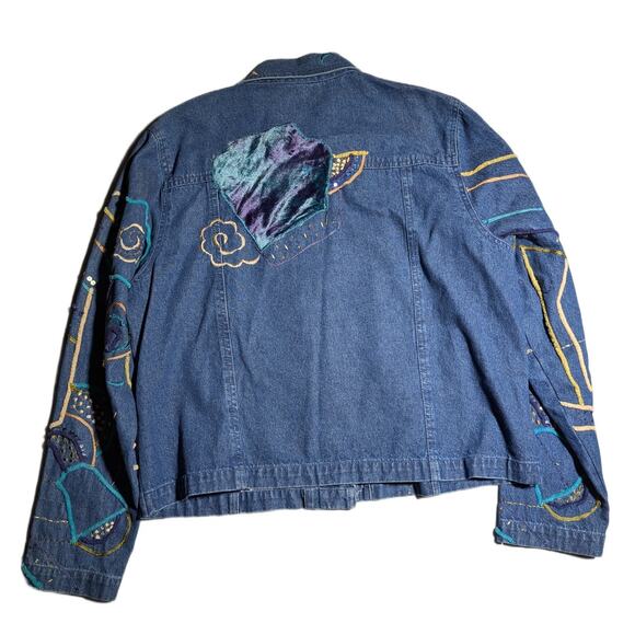 Vtg 1990s Sara Studio Blue Velvet Patchwork Embroidered Denim Trucker Jacket XL - Picture 2 of 4